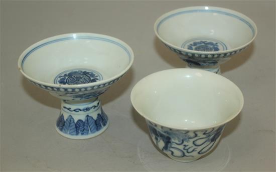 A pair of Chinese blue and white stem bowls, and a further bowl, late 19th / early 20th century, 9.5cm